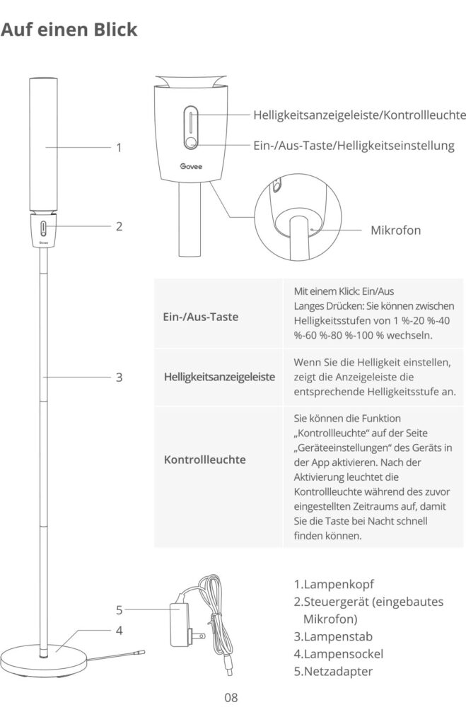 Montageanleitung für Govee RGBIC Zylinder Stehlampe