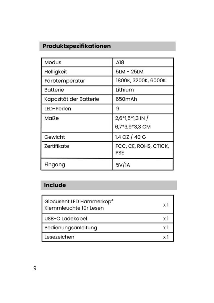 Anweisung Anleitung Wiederaufladbare Lang Anhaltende Buchlampe