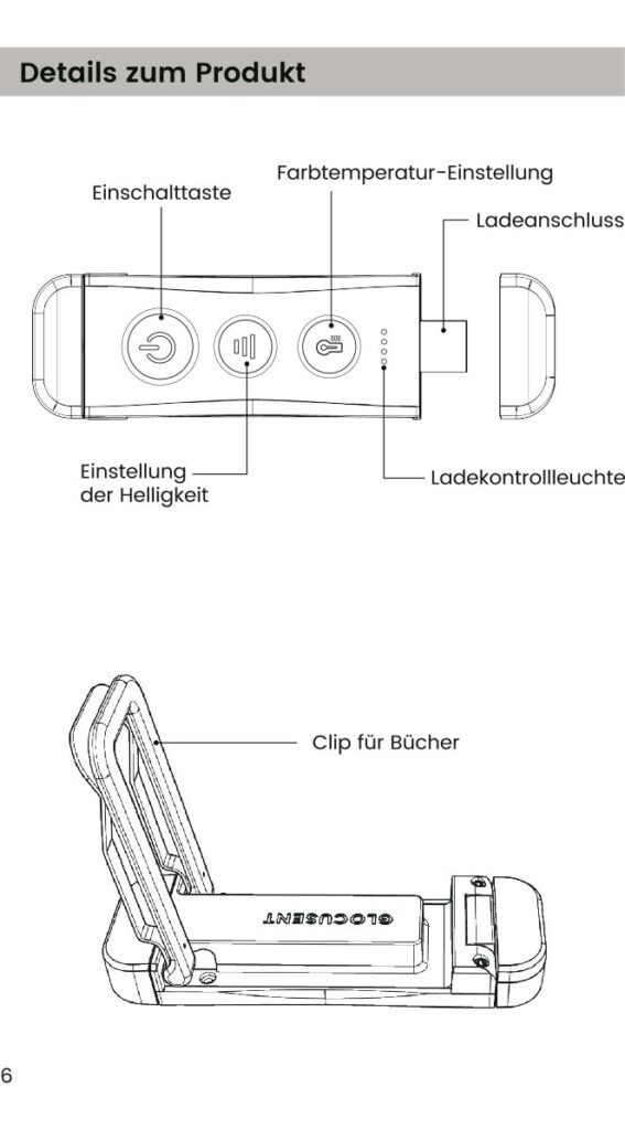 Benutzerhandbuch für Glocusent Leselampe Buch Klemme