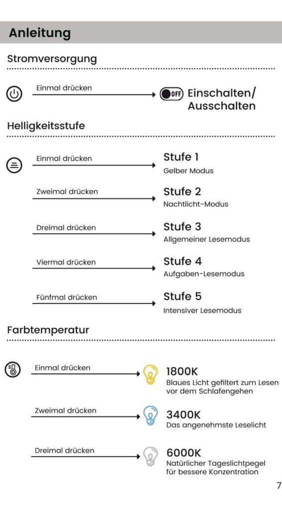 Benutzerhandbuch für Glocusent Leselampe Buch Klemme