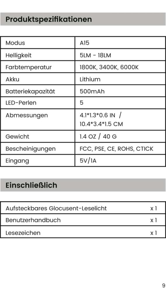 Anweisungen Anleitung Wiederaufladbar Leselicht