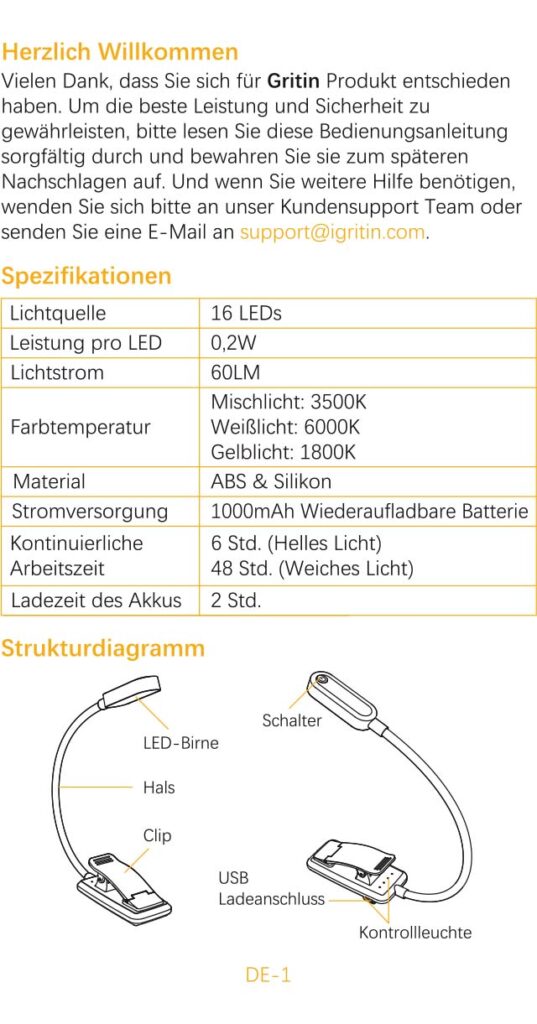 Benutzerhandbuch für Gritin Leselampe Buch Klemme