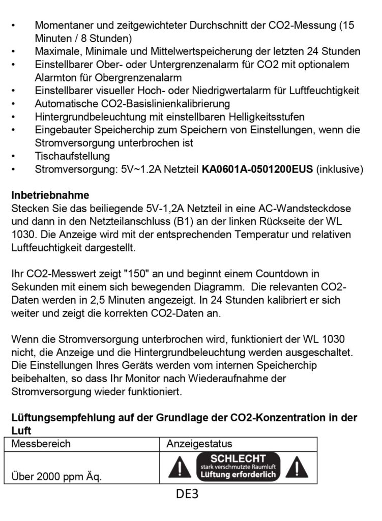 Benutzerhandbuch für Technoline Co2 Messgerät WL1030