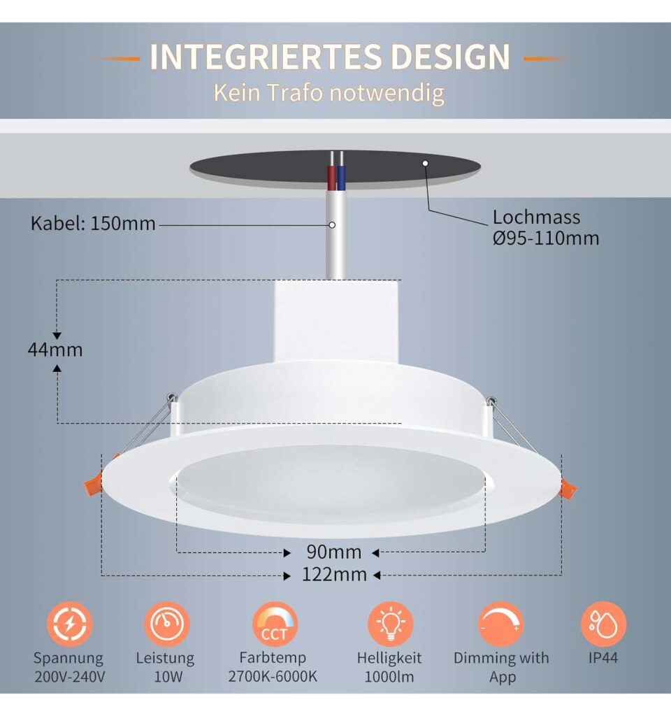 DUSKTEC LED Einbauleuchten 10W 1000lm Ø122mm Alexa 6 Stk