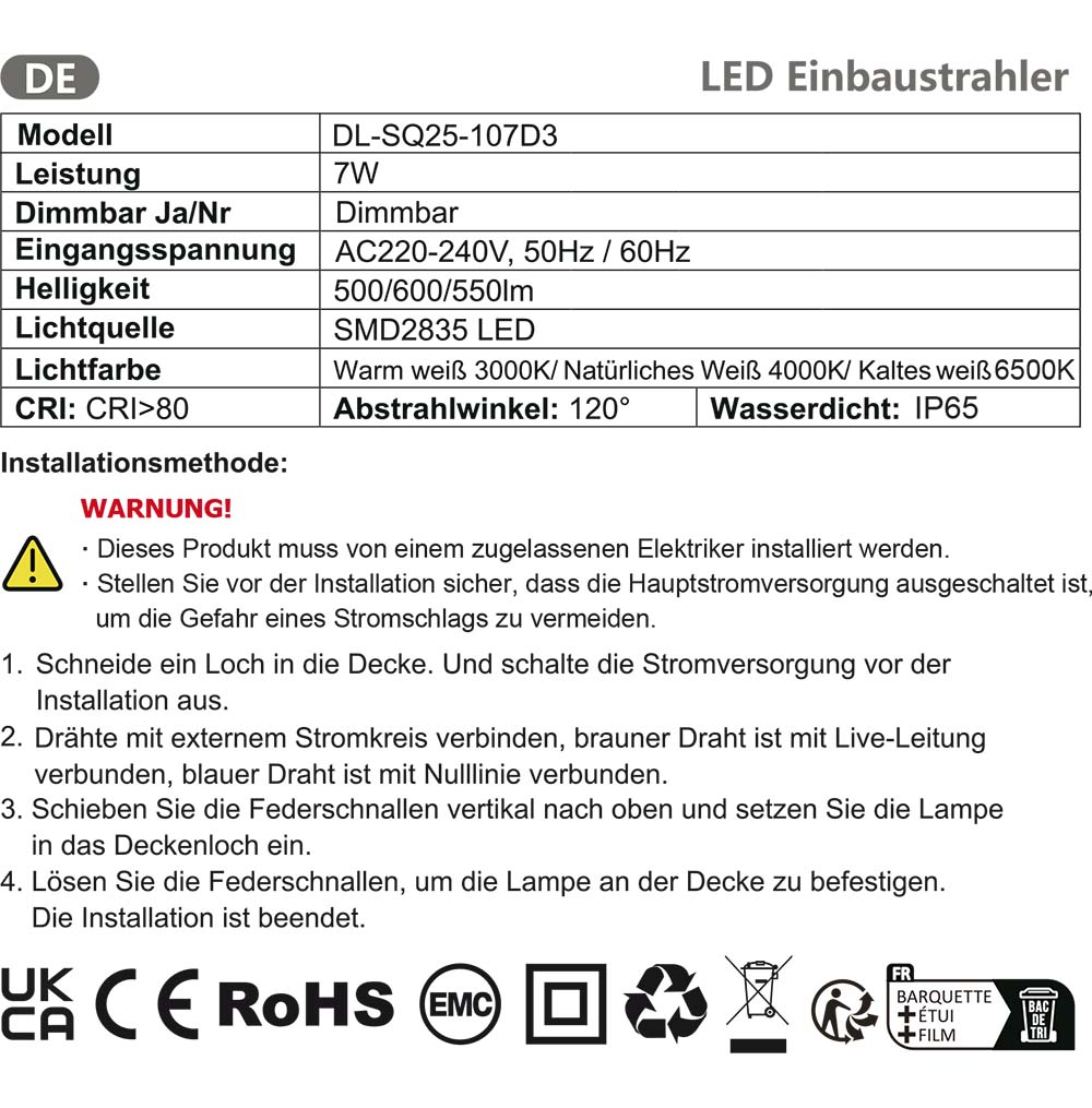 Montageanleitung für ALUSSO LED Einbaustrahler 230V 7W IP65